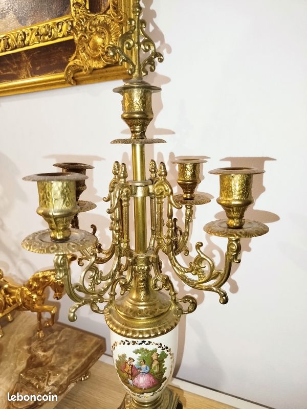Magnifique chandelier ancien en bronze et céramique – style Fragonard (image 9)