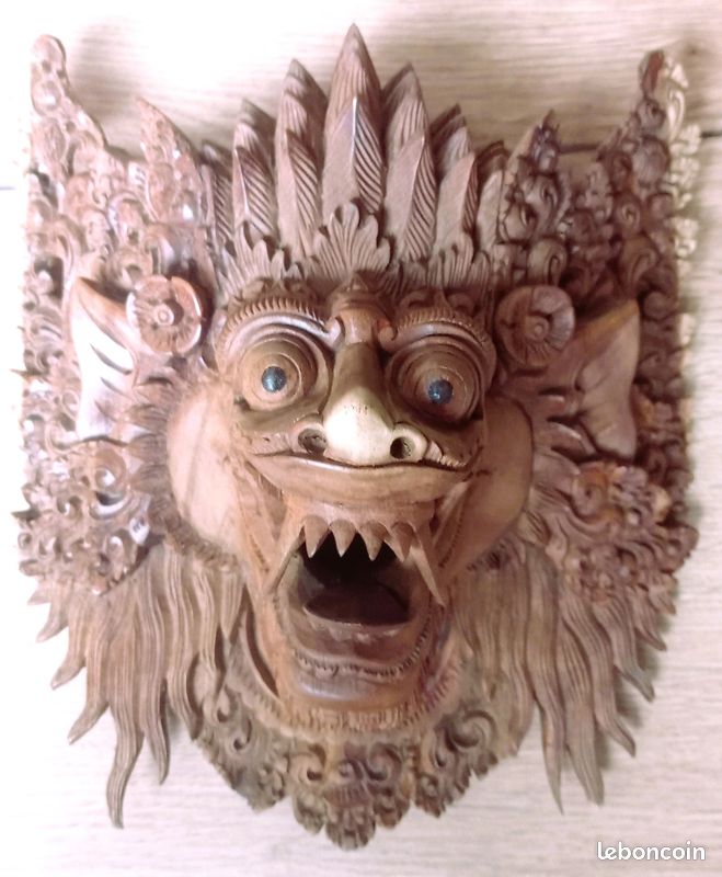 Vieux Masque Mural Balinais Barong En Bois Tigre - Déco Ethnique Indonésienne