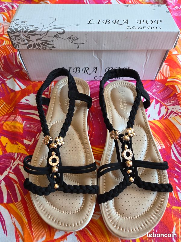 Sandales Plates Omoda Libra Pop - Taille 40, Noir Multicolore, Neuves Sans Emballage, Semelle Cuir