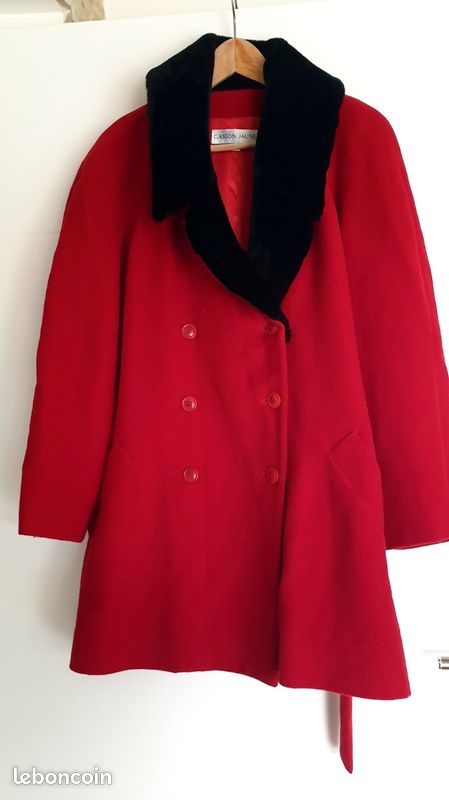 Manteau Rouge Gaston Jaunet Vintage Années 70 - Laine, Col Large, Matelassé - Made In France