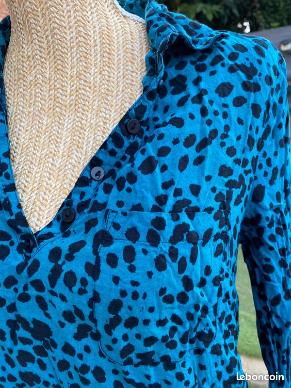 Haut tunique femme bleu canard imprimé léopard manches longues taille 40 (image 8)