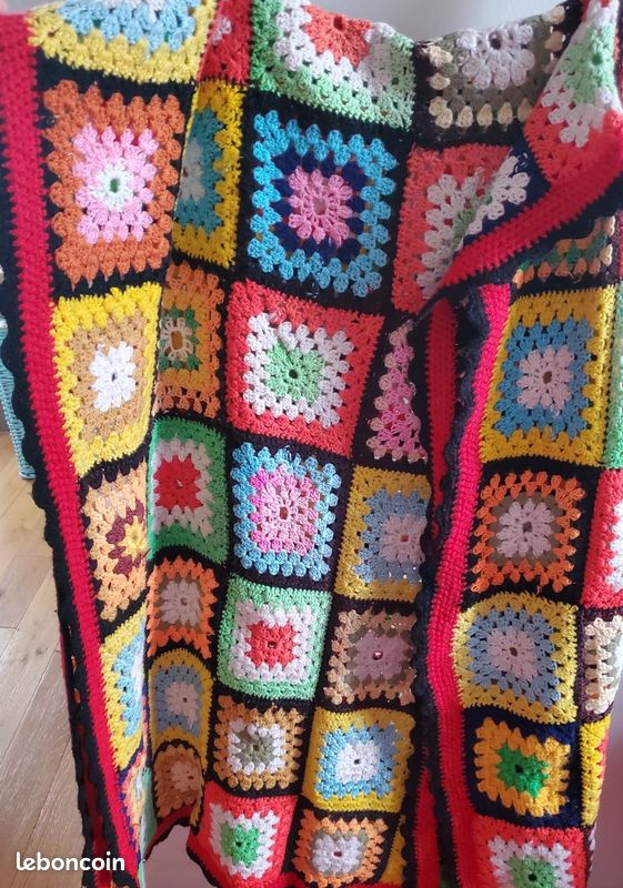 Couverture de Laine, Tricot Grand-mère, Patchwork coloré - Linge de maison Couverture de Laine, Tricot Grand-mère, Patchwork coloré - Linge de maison
