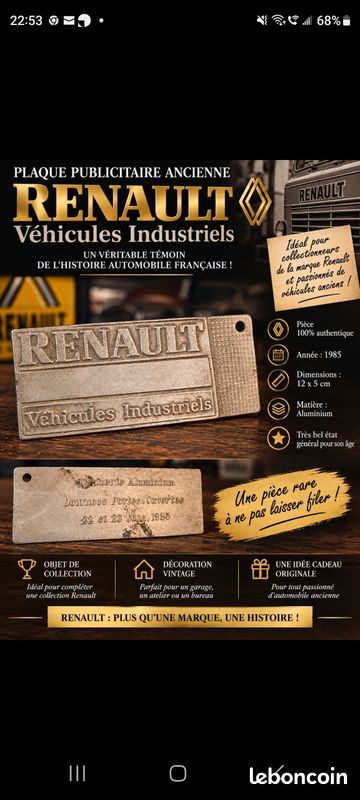⭐ Plaque ancienne RENAULT Véhicules Industriels – 1985 – Aluminium – Collection (image 1)