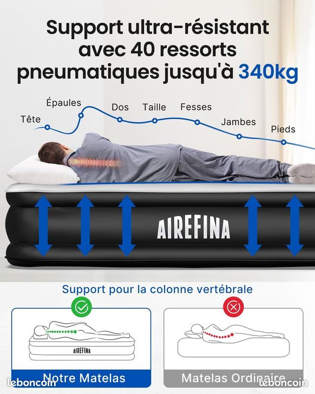Airefina Matelas Gonflable Luxe Double Avec Pompe Intégrée 137x190x46cm - Lit D'Appoint Camping