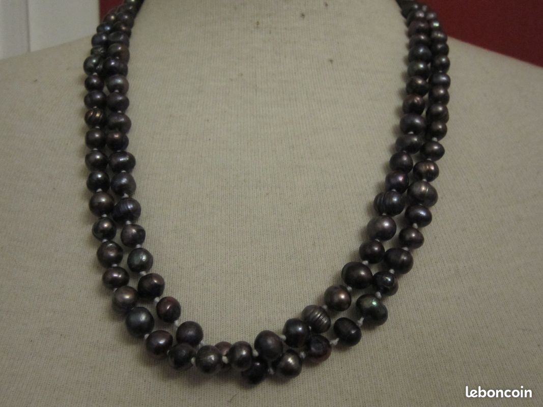 Long sautoir en perles noires véritables (image 7)