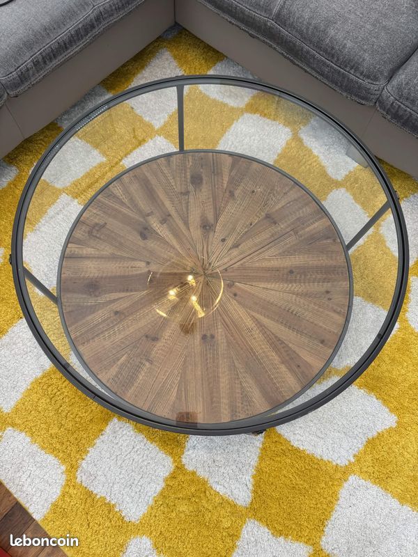 Table basse ronde style industriel, verre et bois de sapin, plateau double (image 1)