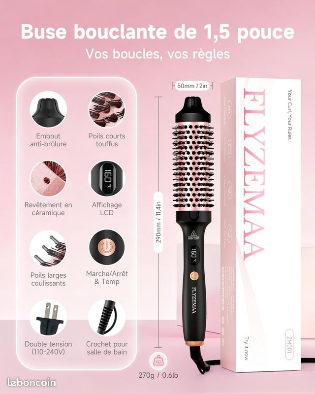 Brosse Thermique Ionique 38mm - Chauffante à 210°C, Rose, Pour Boucles Et Lissage, Neuf