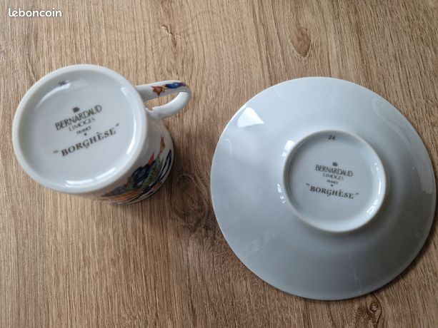 Service à Café Bernardaud Limoges Borghèse - Porcelaine Française - 9 Tasses + Soucoupes + Pichet