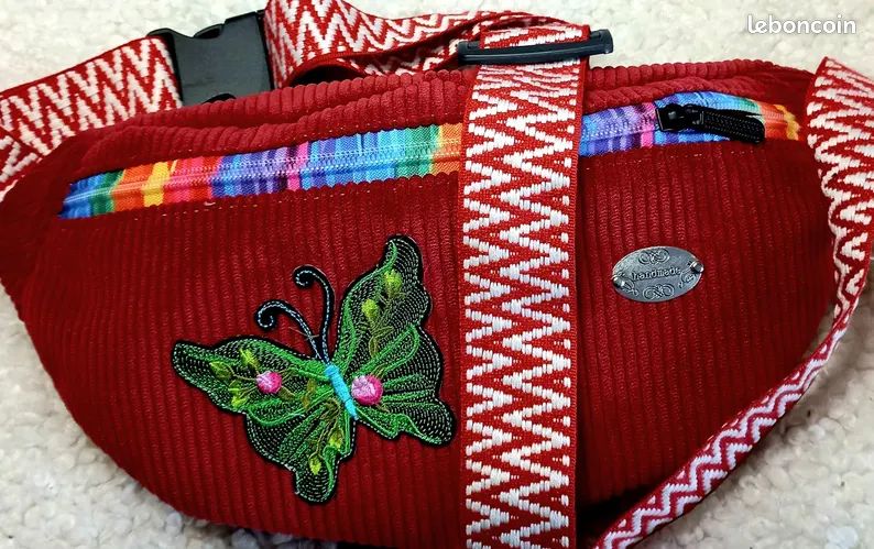 Sac banane femme velours côtelé épais rouge framboise, papillon, pratique pour randonnée, shopping (image 4)