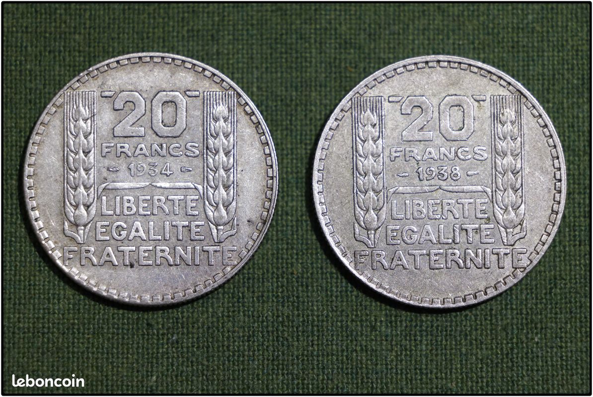 2 pièces Argent de 20 Francs TURIN argent 1934 et 1938 (image 1)