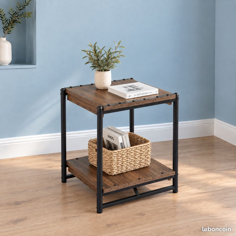 Table de Chevet Carrée Industrielle 2 Niveaux Bout de Canapé Table d'Appoint Effet Bois Vieilli Métal Noir 50 cm Rustique Campagne Chambre Salon (image 3)