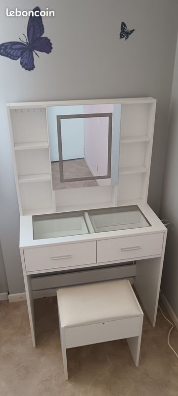 Coiffeuse blanche avec tabouret et miroir LED (image 3)