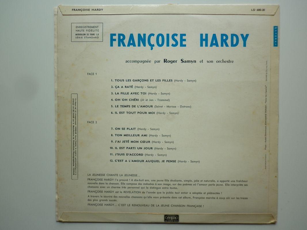 Françoise Hardy album 33Tours vinyle Tous Les Garçons Et Les Filles (image 2)