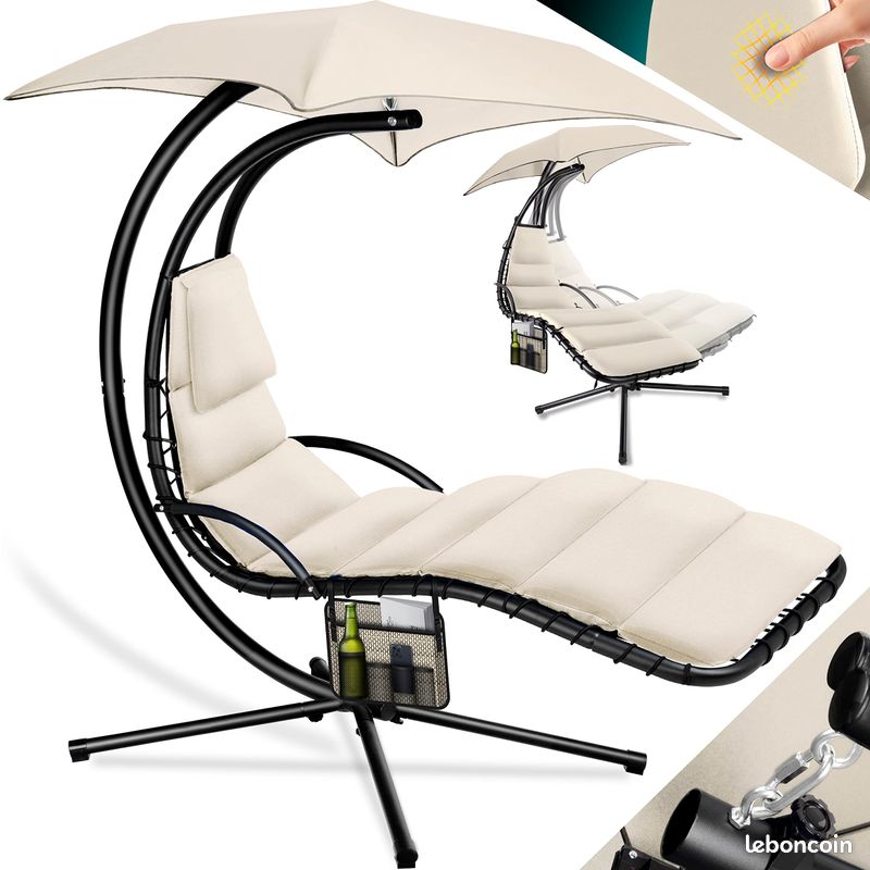 Chaise Longue Flottante avec Parasol : Détente et Confort | Chaise Longue Suspendue pour Jardin et Terrasse | Poids Maximal de 120 kg (image 1)