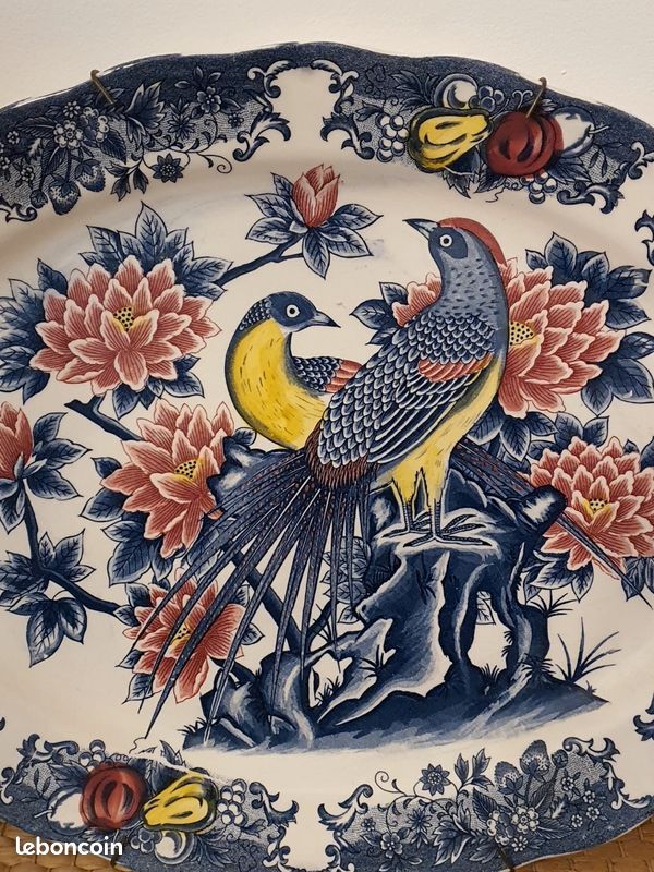 Grand plat ovale de service vintage - Décor oiseaux et fleurs - 47 cm (image 6)