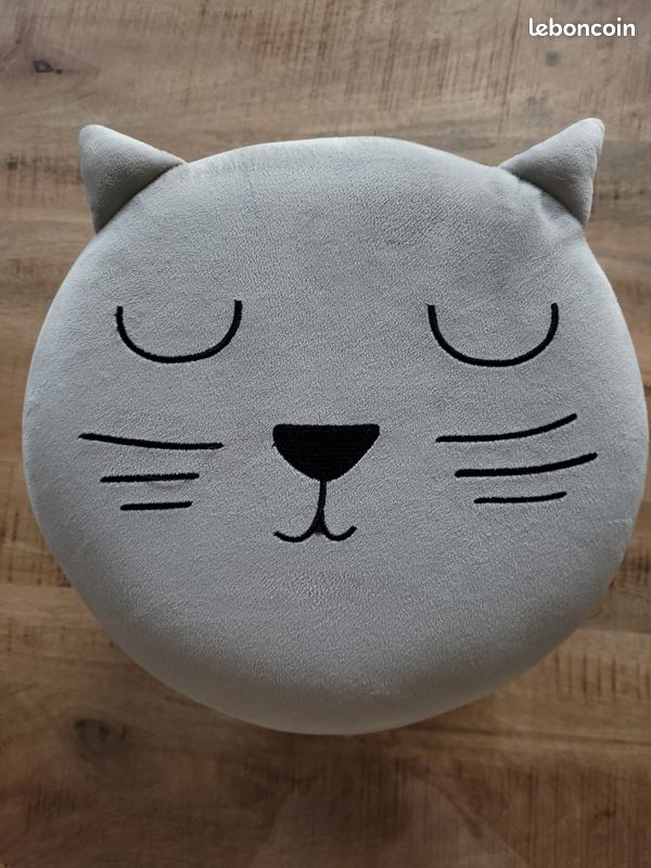 Pouf En Peluche Pour Enfant 1-4 Ans - Chat Gris - Made In France