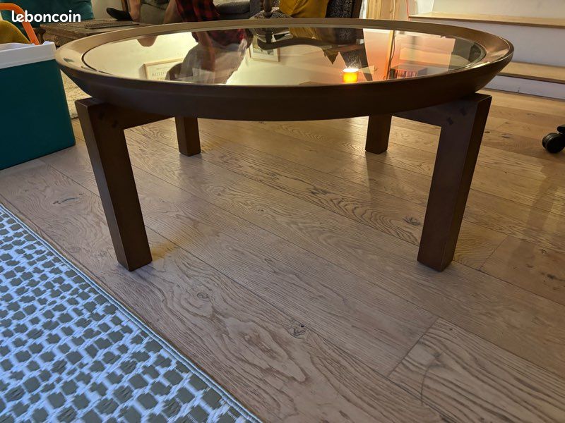 Table basse ronde plateau verre assise noyer (image 1)