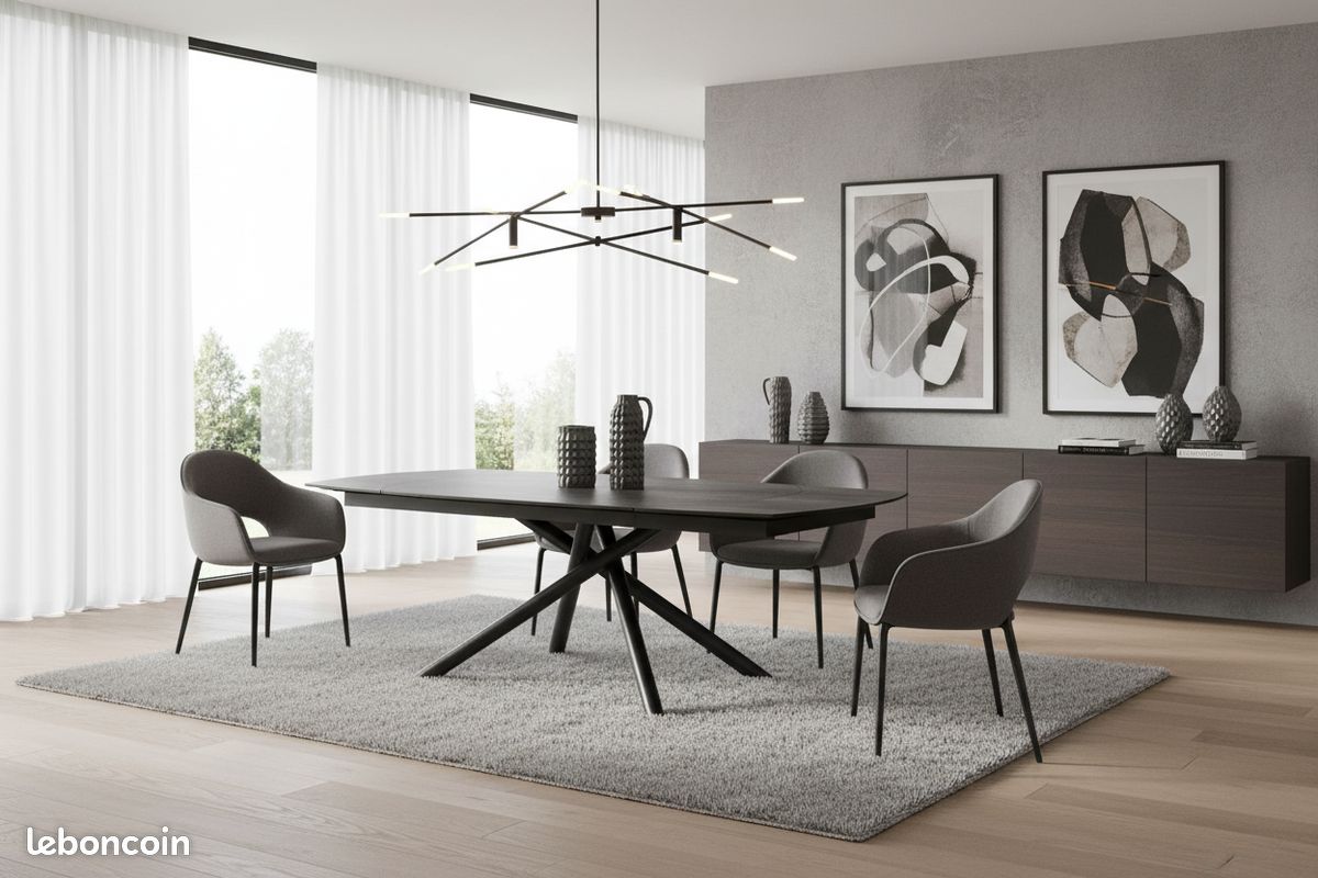 Table extensible céramique rallonges intégrées grise pieds métal central design moderne luxe - ouverture par rotation (image 3)