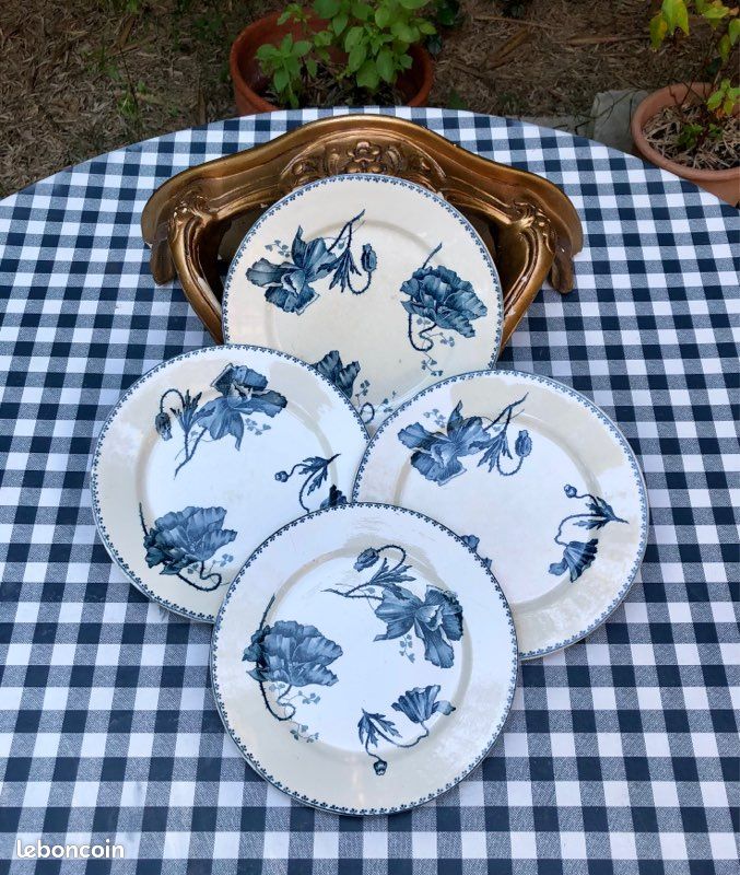 Lot de 3 assiettes à dessert U&C Sarreguemines modèle Estrées Bleu Faïence Borduré/Floral,Végétal
