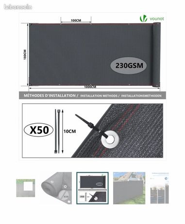 Brise vue occultant en HDPE 230g/m² 1.5x10m avec attaches de fixation gris VOUNOT | Brico Cash