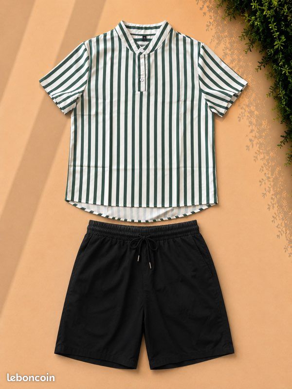 Ensemble homme chemise rayée et short noir – Taille M – Neuf (image 1)