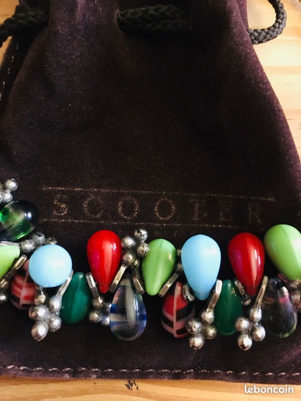 Collier Vintage Scooter Paris - Perles De Verre Vert Péridot - Longueur 34-39 Cm - Métal étain