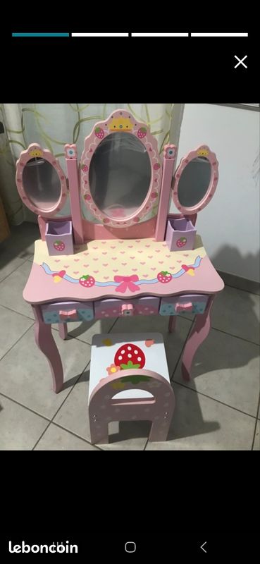 Coiffeuse Enfant Fille CCLIFE - Table Maquillage Avec Miroir Triple Et Tabouret - Bois Rose - 3 Tiroirs