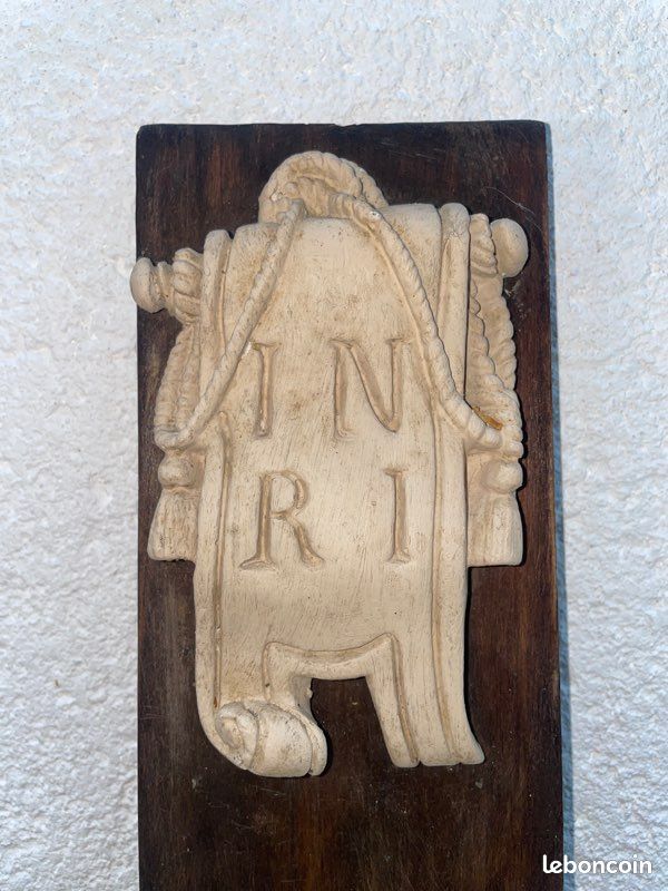 Grand crucifix ancien bois Christ plâtre granuleux retouché main env. 1 m (image 7)