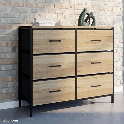 Commode 6 Tiroirs Style Industriel – Meuble de Rangement Bi-Matière – Structure Métal & Tiroirs Tissu Effet Bois – 80 x 30 cm (image 5)