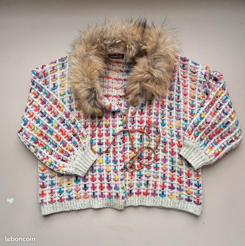 Cardigan Femme Long Taille 12 - Col Fourrure - Multicolore - Style Tricot - Occasion Très Bon état