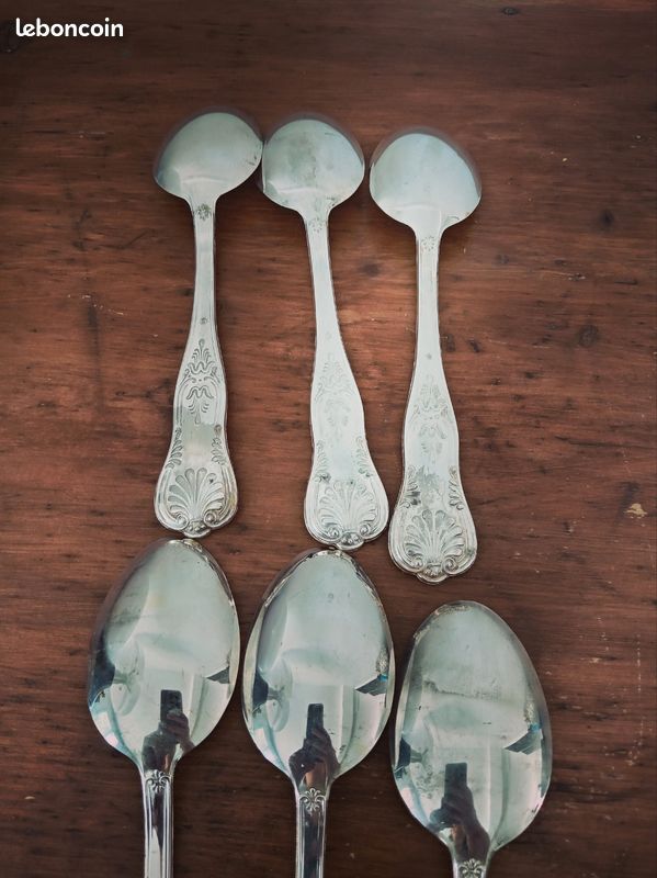 Lot de 6 cuillères à soupe anciennes en métal argenté – Style Violon à Coquille – 20 cm (image 5)