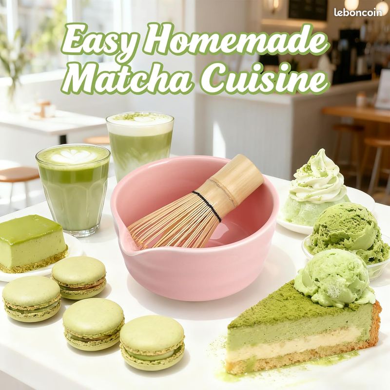 Kit Matcha Complet Rose 7 Pièces – Bol Céramique 550 Ml, Fouet Bambou 72-77 Dents, Support, Cuillère, Tamis – Coffret Cadeau Cérémonie Japonaise