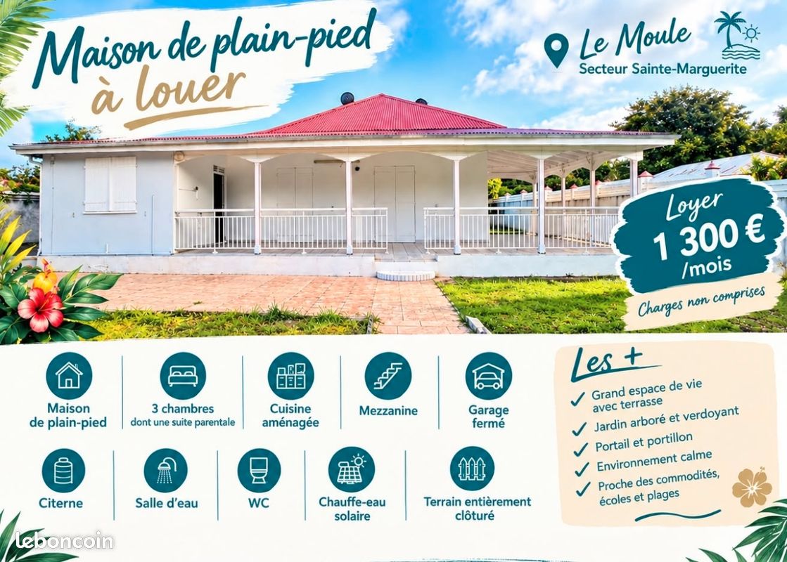 Maison 4 pièces 98 m² · à Le Moule · 98 m² · 1 300 €/mois