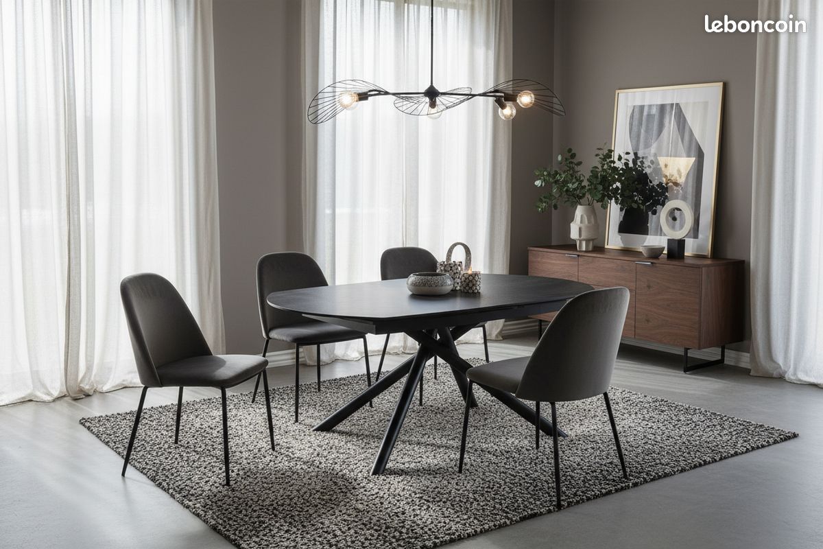 Table extensible céramique rallonges intégrées grise pieds métal central design moderne luxe - ouverture par rotation (image 1)