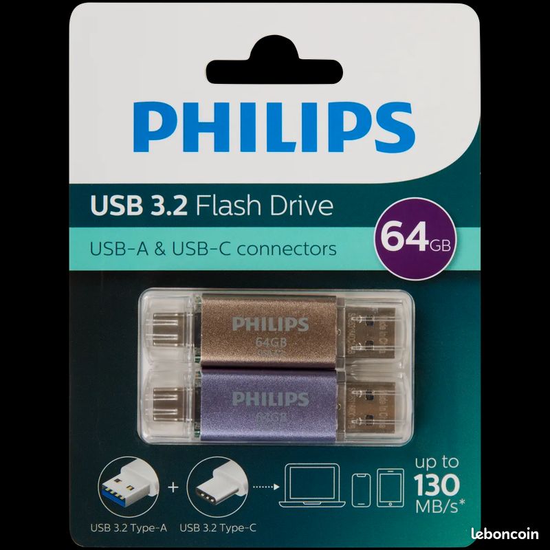 Lot 2x Clés USB Philips 64 Go (USB-A & USB-C) — (image 1)