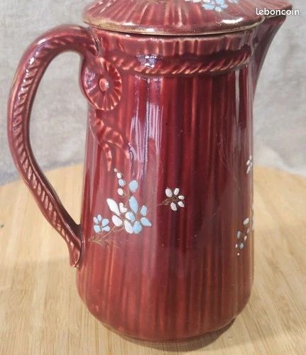 Ancien Rare Cafetière Rouge A Couvercle Barbotine Fleurs Émaillée KG LUNÉVILLE (image 2)