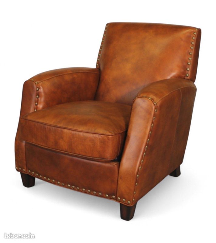 Fauteuil club cuir pleine fleur marron vieilli clouté – Henri (image 2)