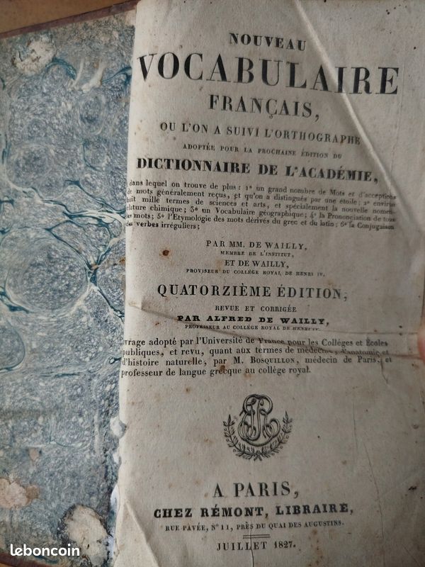 Wailly, Nouveau Vocabulaire Français, où l'on a suivi l'Orthographe (1827) (image 1)