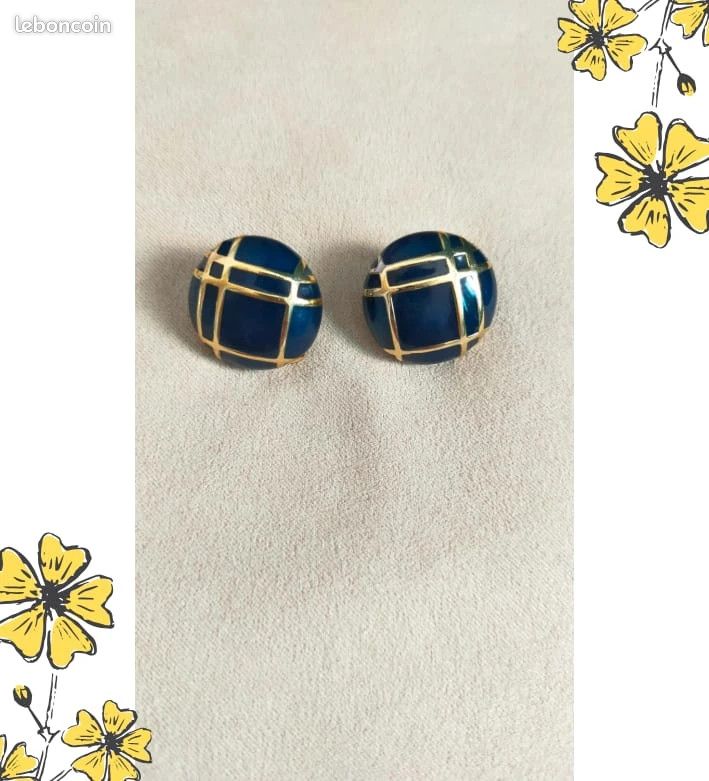 Boucles D'oreilles Clips Vintage Dorées Et Bleues - Occasion En Très Bon état (TBE), Bijou Fantaisie