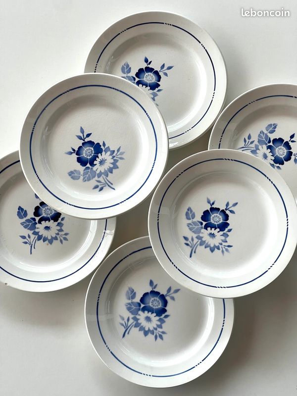 Assiette Bleue 6 Assiettes à Dessert MamboCat - Porcelaine Bleu/Blanc - Motifs Nautiques Assiette Blanche Lot