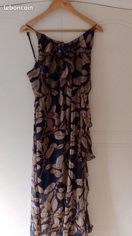 Robe longue femme bretelle jus de pomme M L bleu marine feuille