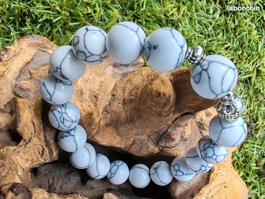 Bracelet pierres howlite blanche striée grise 10 mm (image 7)