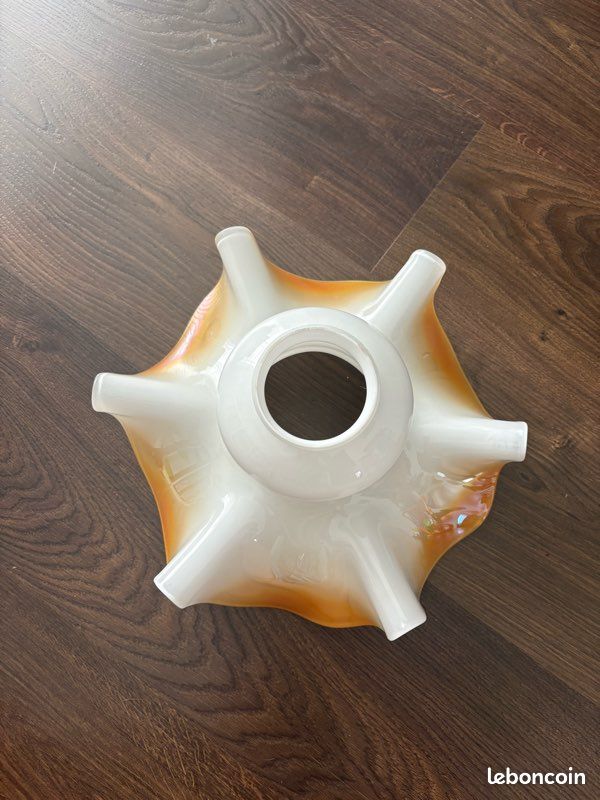 🌟 Abat-jour en opaline – Verre festonné irisé – Dégradé orange blond – Vintage – Très bon état (image 7)