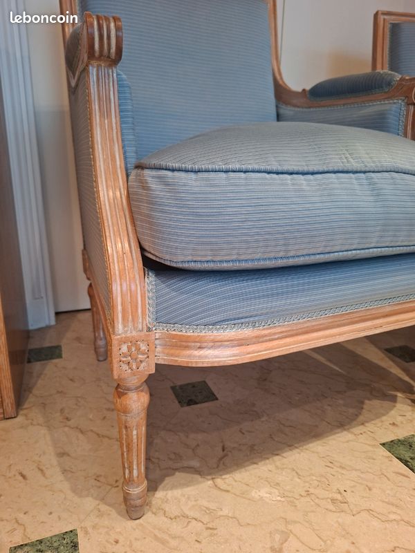 Paire de fauteuils Cabriolet Louis XVI- tissus bleu- coussin garniture plume (image 2)