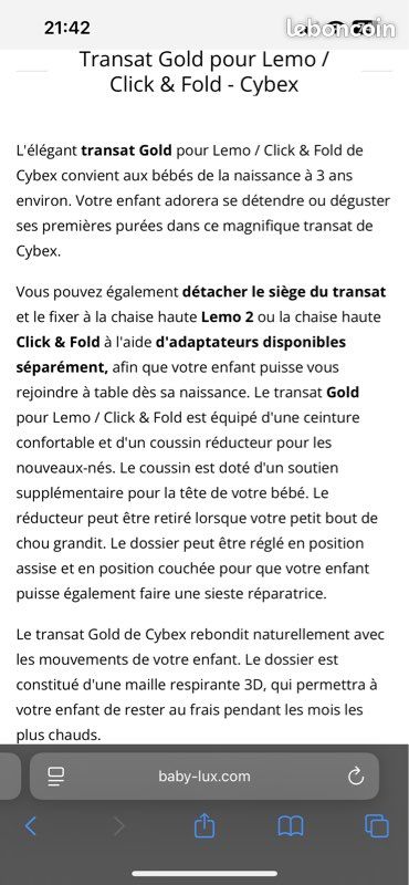 Siège transat Gold Cybex Lemo ou Click&Fold (image 9)
