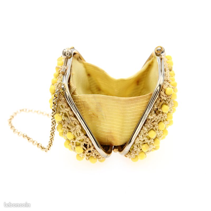 Porte-monnaie Art Déo Années 30 - Maille Métal Peint Jaune, Fermoir Pression