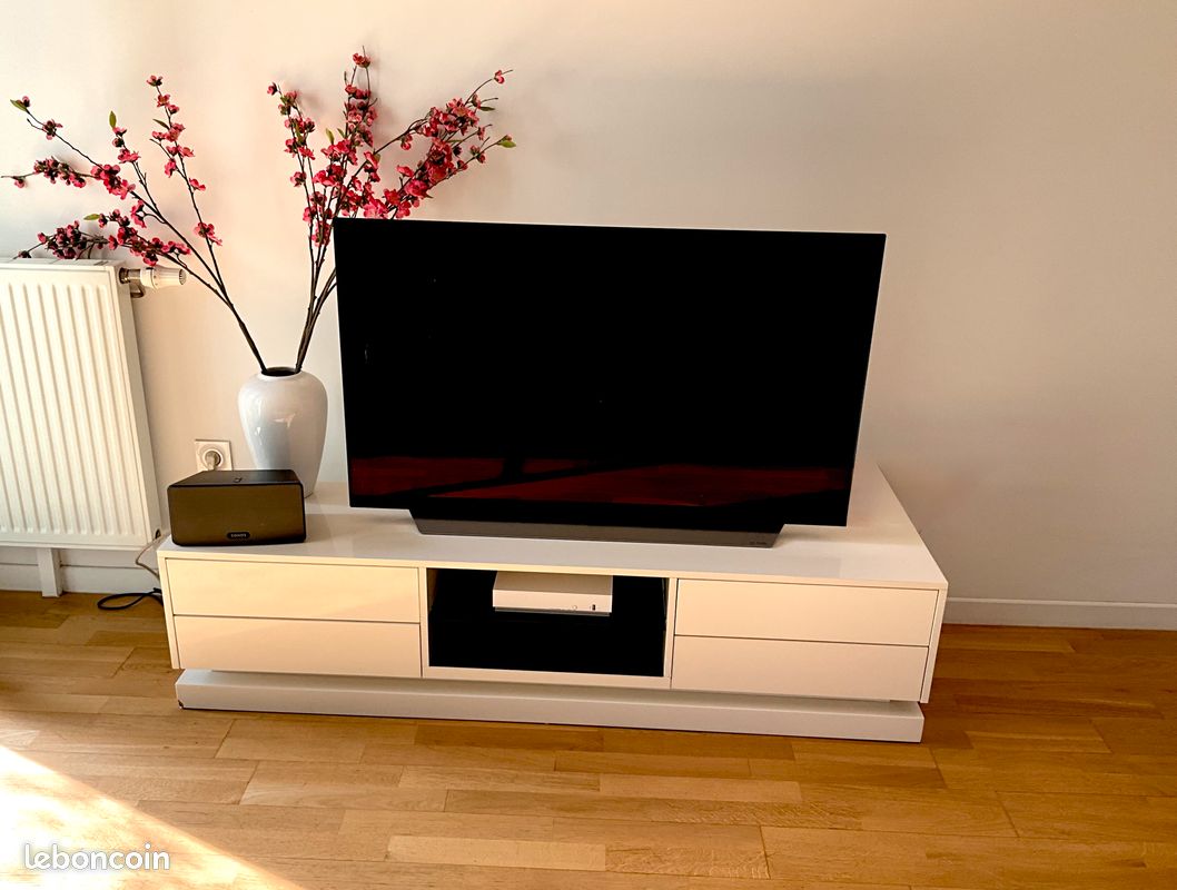 Meuble TV laqué blanc neige 160 cm – 4 tiroirs – Design moderne (image 7)