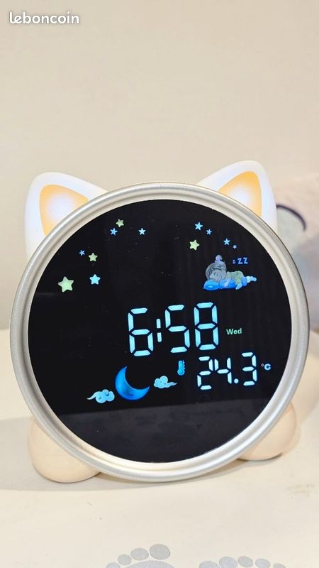 Réveil éducatif enfant chat LED - veilleuse,
double alarme, température (neuf) (image 2)