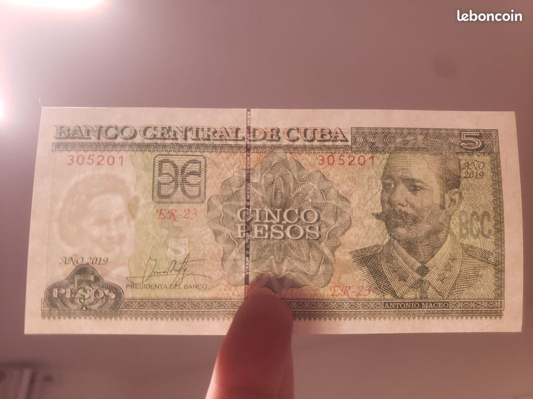 Billet de banque CUBA 5 pesos 2019 neuf unc Antonio Maceo N° 305201 ...