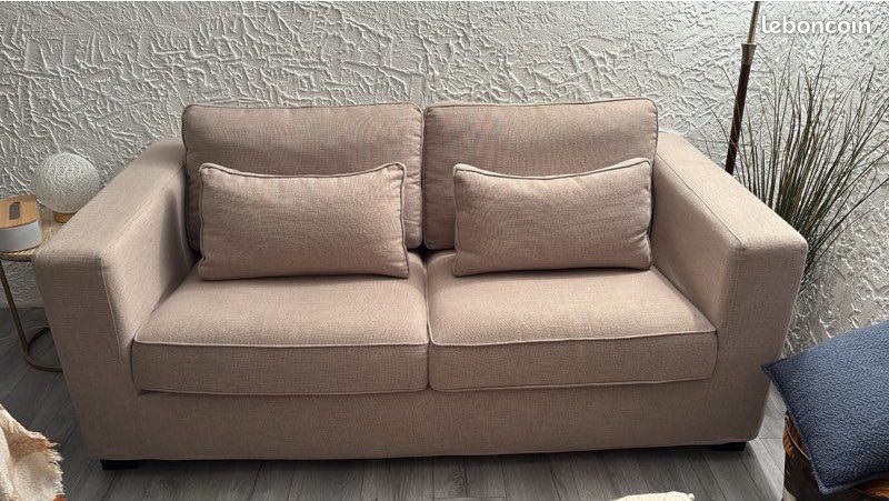 Canapé convertible 3 places avec coffre de rangement en tissu bouclette beige - Gemma